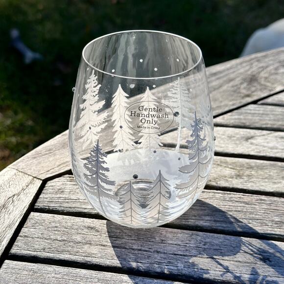 Christmas Tree & Reindeer Stemless Wine Glass 5” Frosted Winter Forest NEW - Picture 2 of 11
